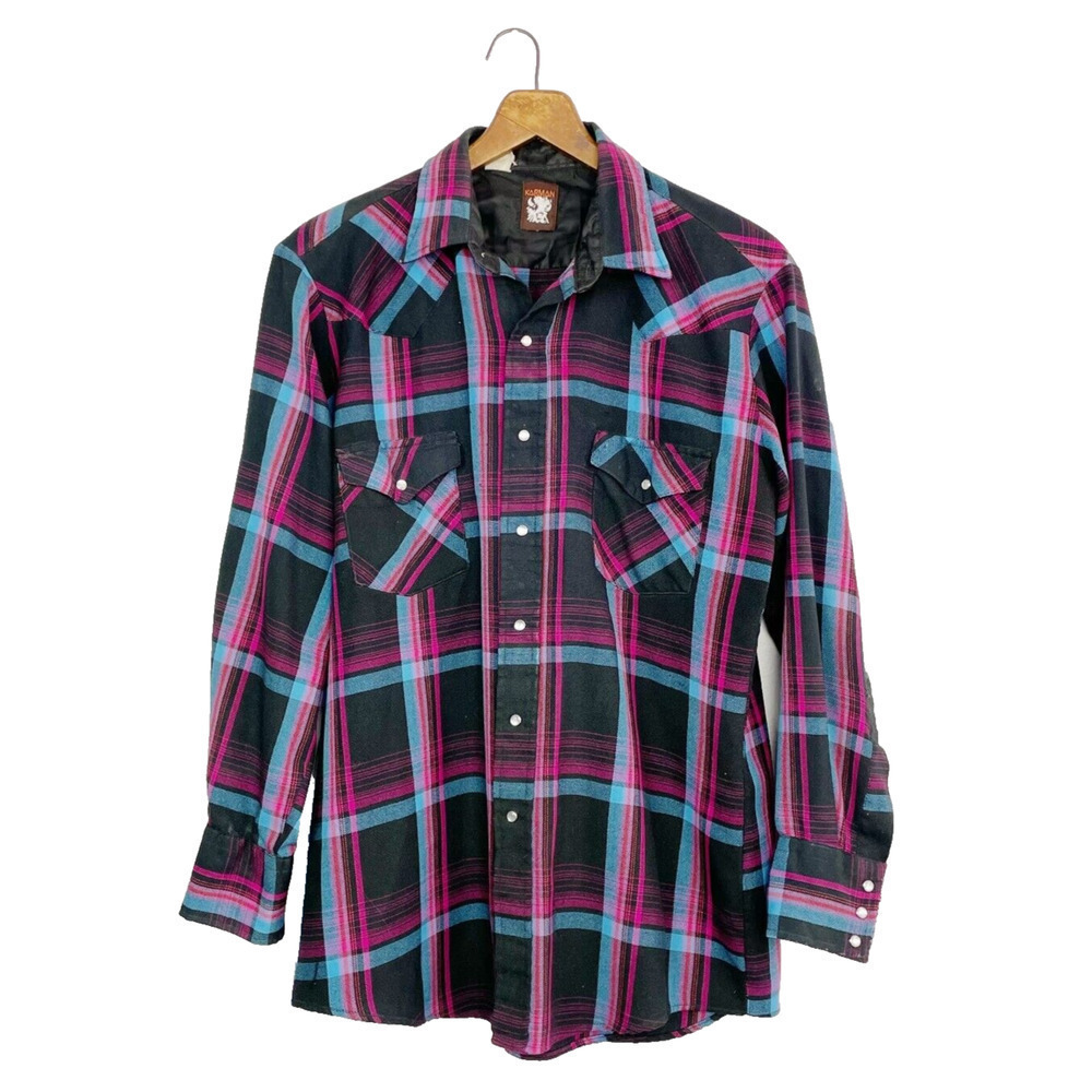 Vintage Karman Purple Western Pearl Snap Long Sleeve Plaid Shirt Mens Medium